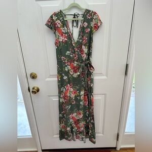 Green Midi dress with Reddish and Pink Flowers